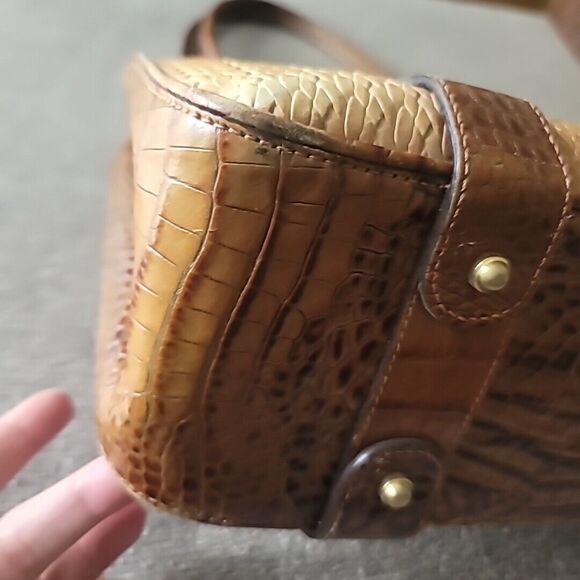 Brahmin Brown Tan Alligator Trim Double Handle Bucket Handbag Purse - Picture 4 of 16